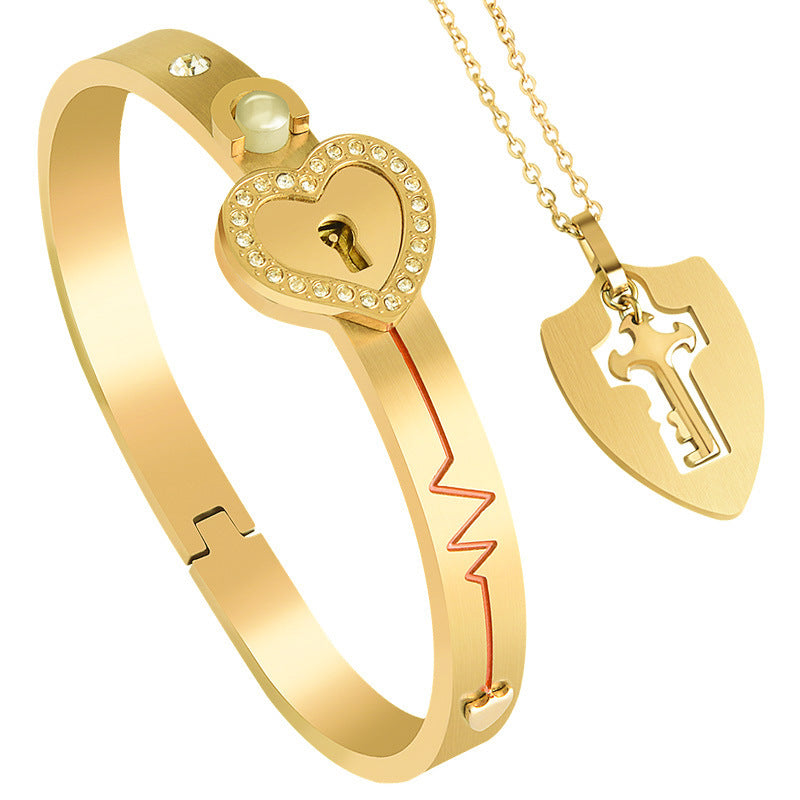 Lock Projection Diamond Bracelet and Key Necklace Set