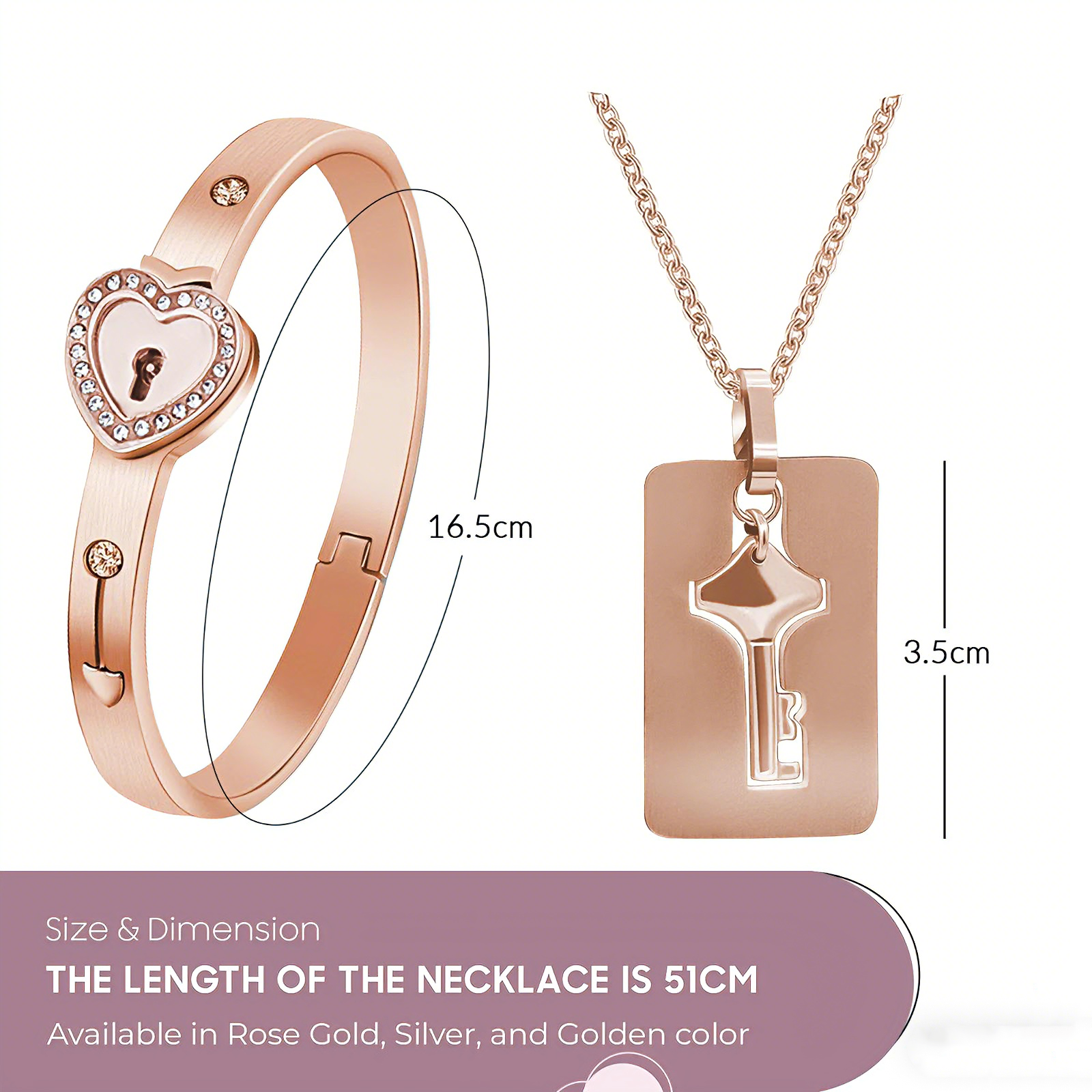 Lock Projection Diamond Bracelet and Key Necklace Set