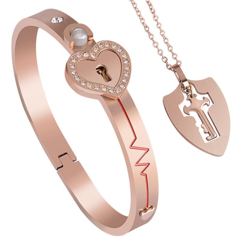 Lock Projection Diamond Bracelet and Key Necklace Set