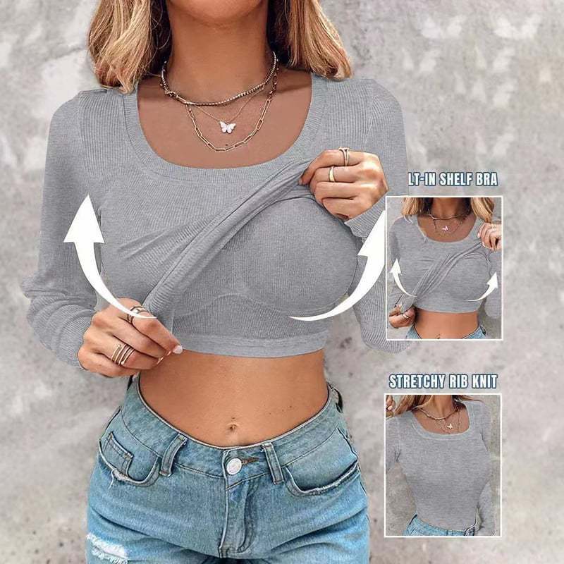 ??Womens U-Neck Built-in Bra Long Sleeve Ribbed Top Shirts Elegant Skinny Fit Fabric