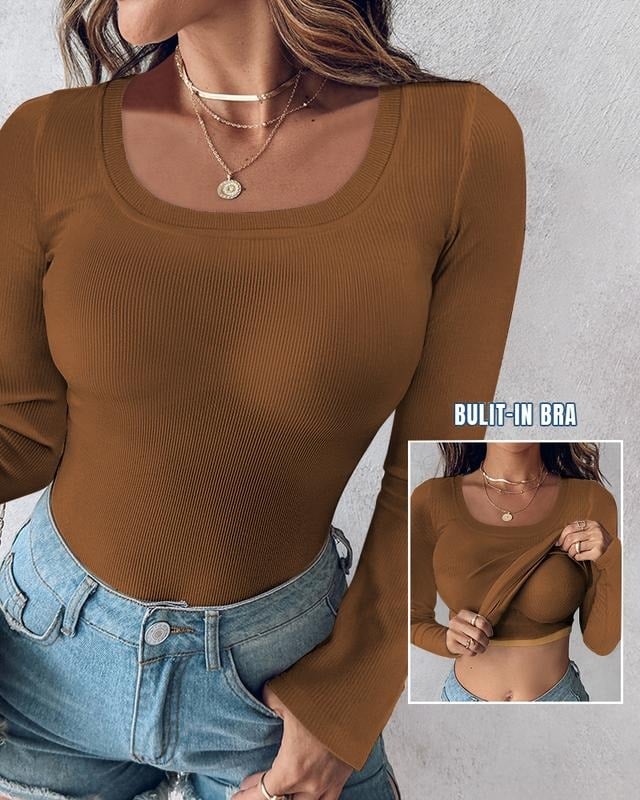 ??Womens U-Neck Built-in Bra Long Sleeve Ribbed Top Shirts Elegant Skinny Fit Fabric