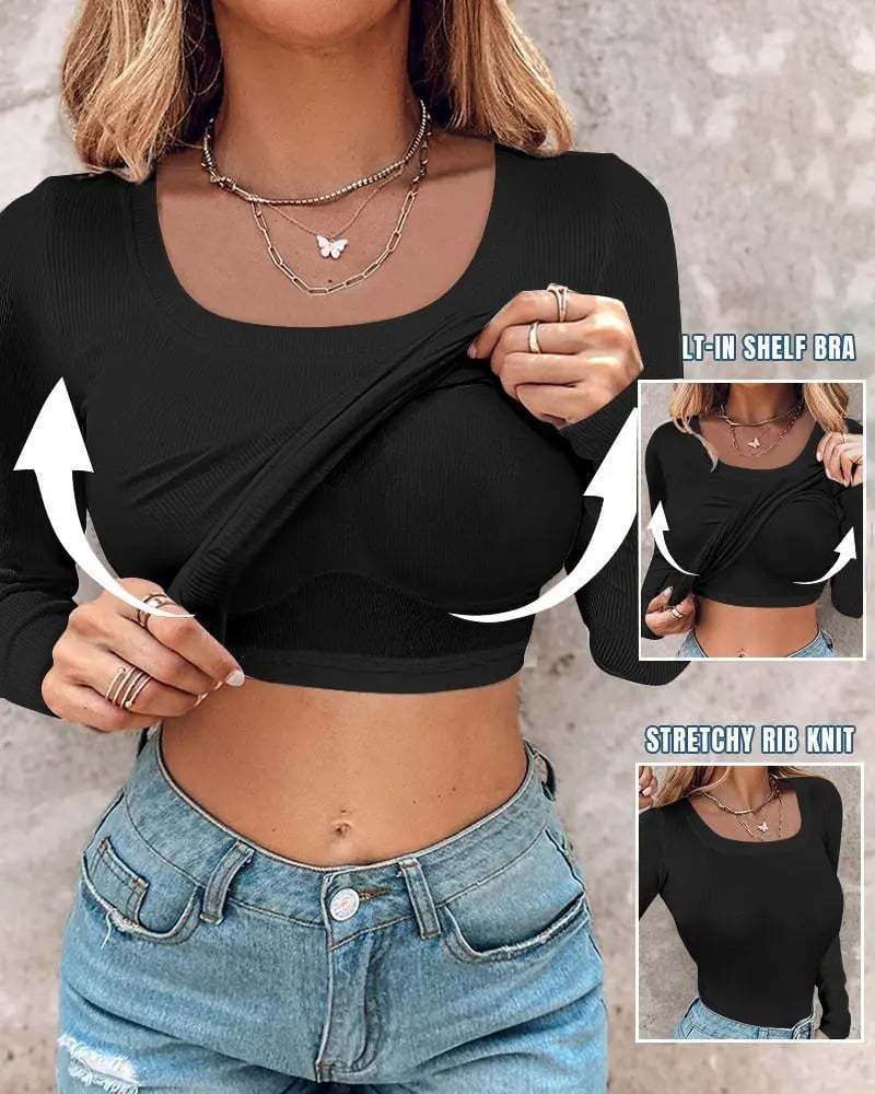 ??Womens U-Neck Built-in Bra Long Sleeve Ribbed Top Shirts Elegant Skinny Fit Fabric