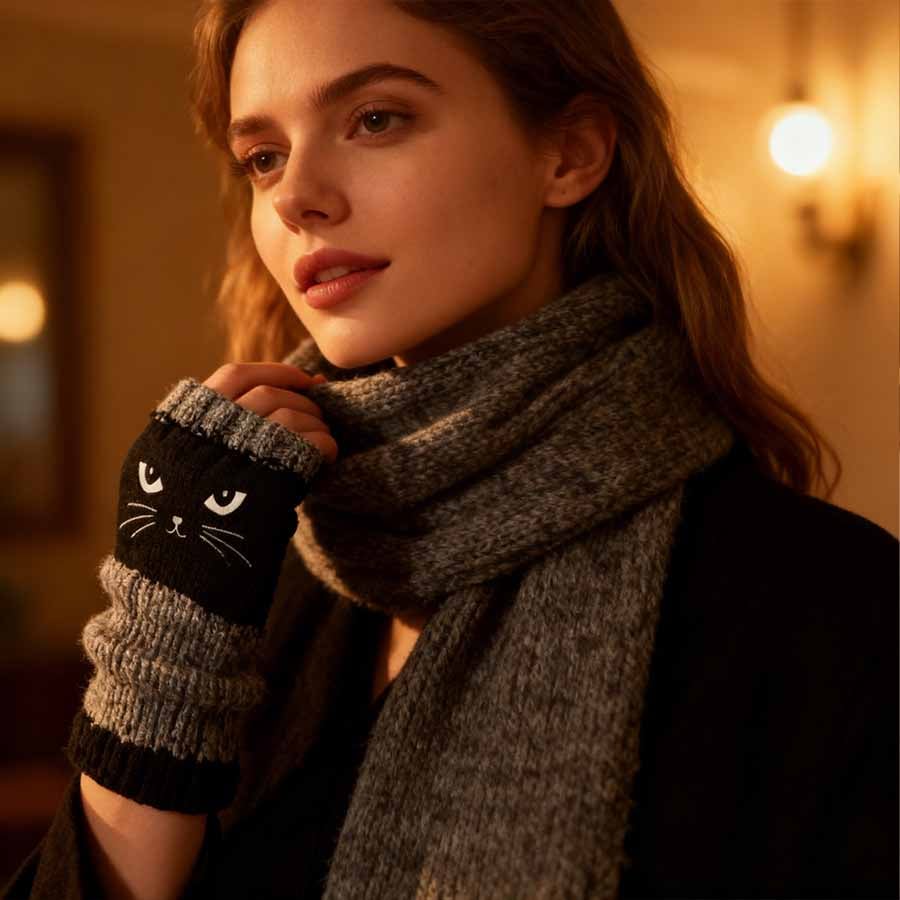 🐱 Cute Women’s Knitted Cat Gloves — For Warm Hands & Free Fingers🧶